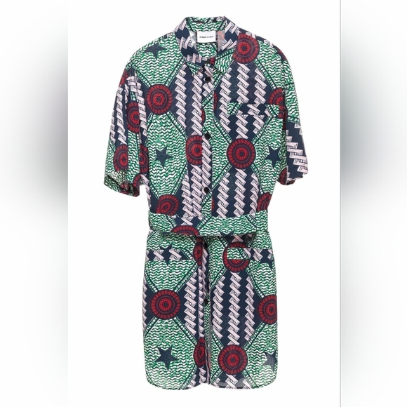 Bimba Y Lola Green Patterned Cotton Short Sleeve Button-Up Shirt Dress Artsy - Picture 5 of 12